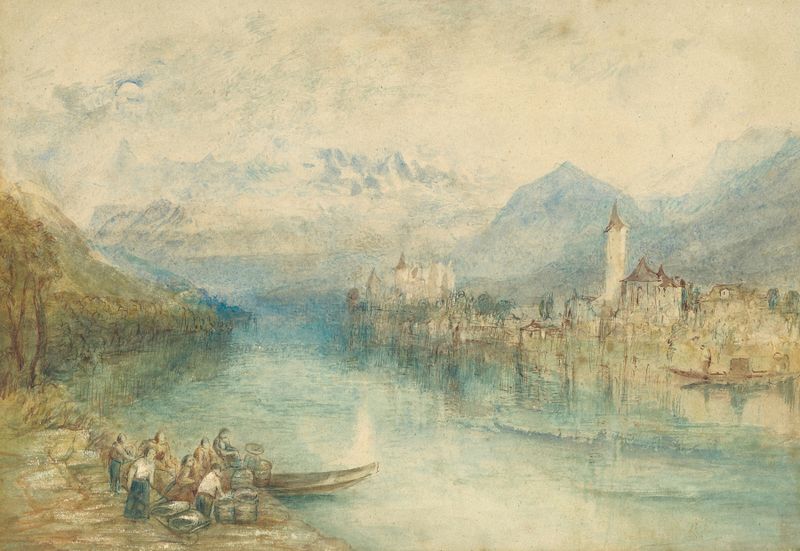 Paisaje del Lago Thun con Schloss Schadau y Niesen, pintura al óleo de Joseph Mallord William Turner