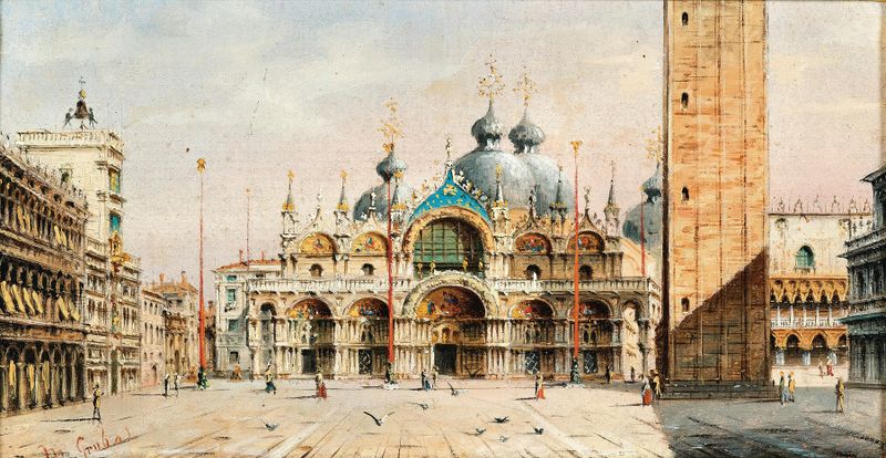 Venice, View of St Mark’s Square by Marco Grubas, impressionism, depicting pastel buildings and reflections.