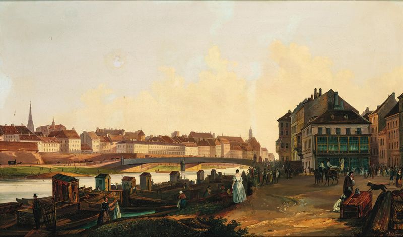 Óleo sobre tela de Josef Jonas retratando a Ferdinandsbrücke sobre um rio em Viena