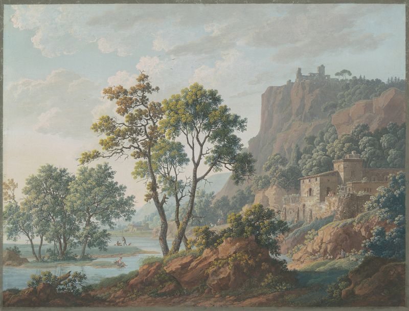 Paisaje fluvial con castillos y pescadores, óleo sobre lienzo de Baron Louis-Albert-Guillain Bacler d'Albe