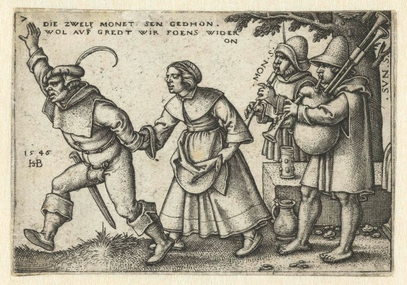 Grabado de Hans Sebald Beham que muestra músicos y campesinos bailando en un paisaje.