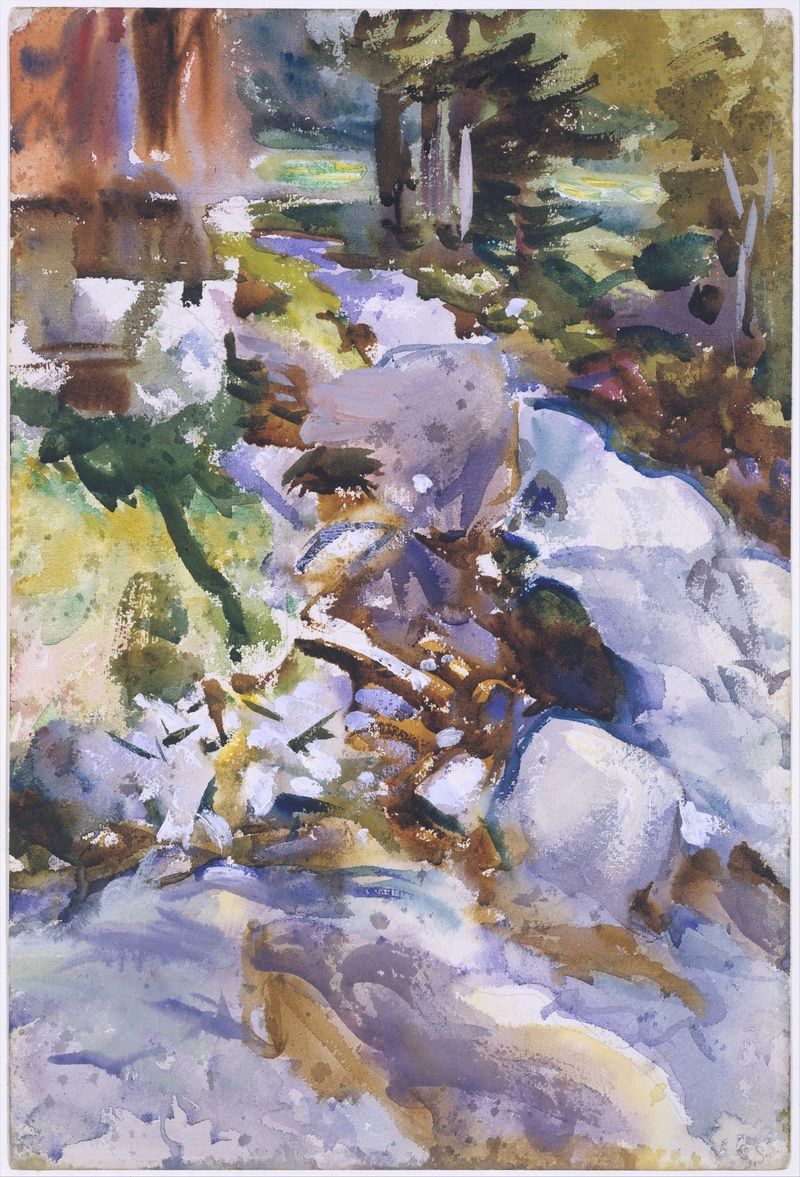 Rushing Brook pintura al óleo de John Singer Sargent que muestra agua fluyendo y vegetación exuberante.