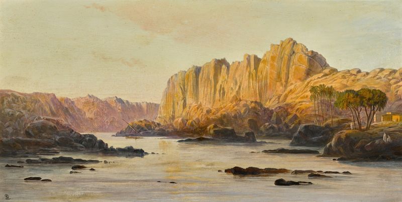 Acuarela de Edward Lear de Bab el Kalabshe en el Nilo con palmeras y cielo al atardecer.