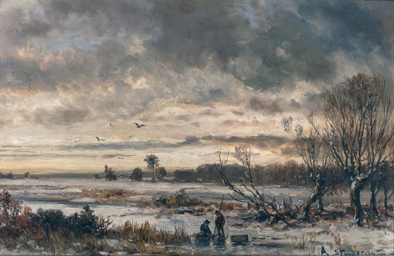 Fishing on the Ice by Adolf Stademann, realism, depicting a figure fishing on a frozen lake