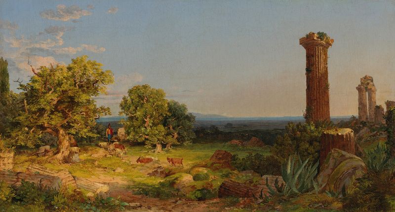 Italian Landscape de Jasper Francis Cropsey, pintura a óleo que mostra colinas e luz dourada