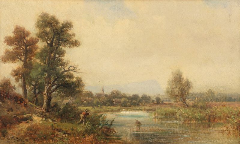 Kleine Flußlandschaft by Ludwig Sckell, romantic landscape with a river, oil painting