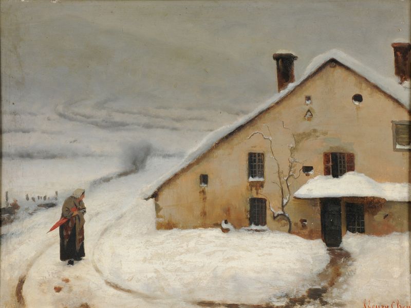 Paisagem de inverno com neve de Augustin Chenu, óleo sobre tela