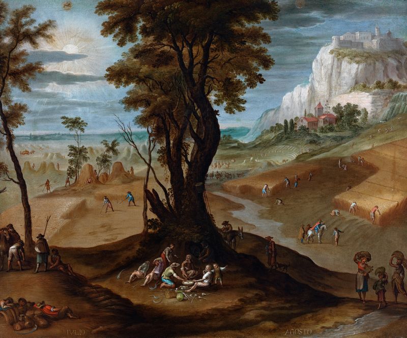 Cena de gênero de verão com crianças dançando e uma mulher colhendo frutas, pintura a óleo de Antonio de Espinosa.
