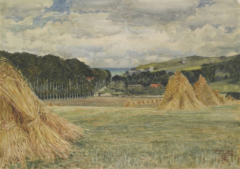 Harvest Field, Normandy by Walter Crane, oil painting depicting laborers in a golden light landscape.