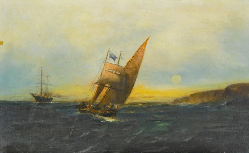 Sailing off the coast, oil painting by Konstantinos Volanakis, depicting a sailboat on the ocean.