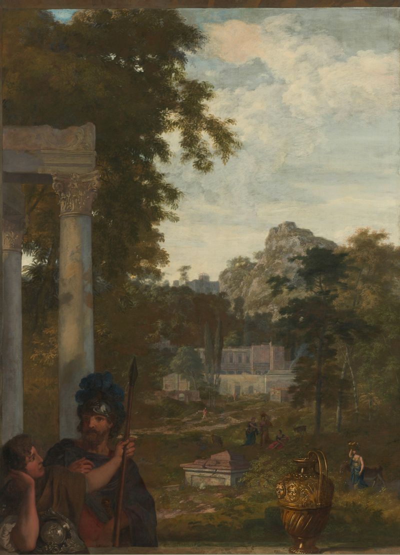 Italian landscape with two Roman soldiers, oil on canvas by Gerard de Lairesse