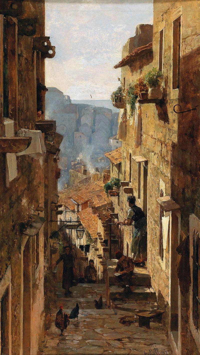 A street in Ragusa de Carl Moll, impresionismo, luz filtrándose a través de los árboles.