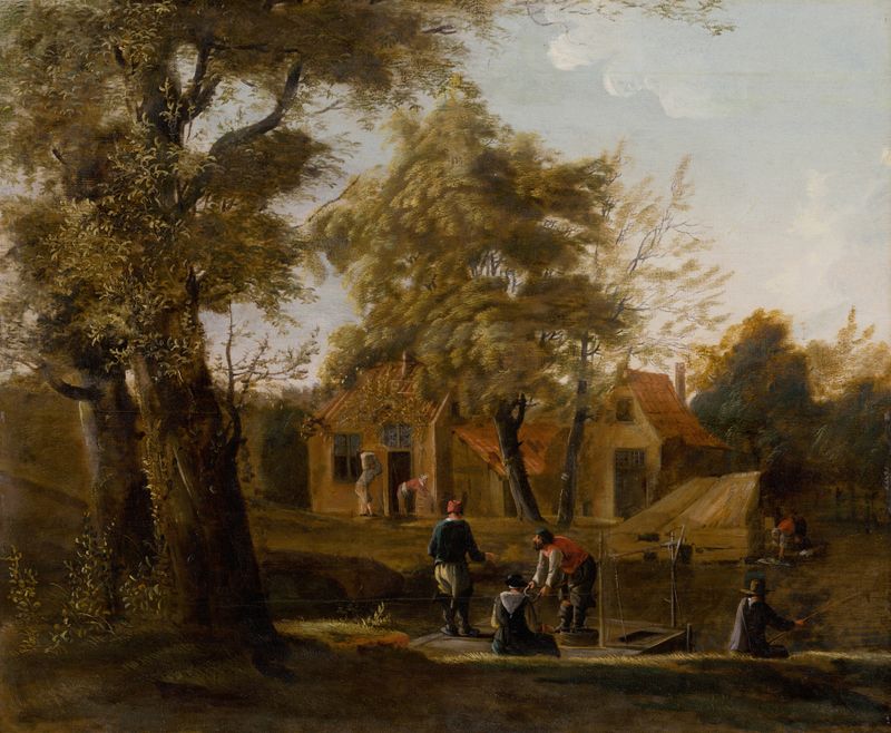 Escena marina que muestra pescadores en el río, pintura al óleo de Unknown Artist