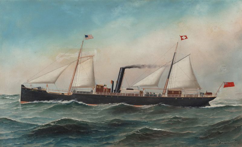 Antilia by Antonio Jacobsen, realism, depicting a ship with white sails on calm waters