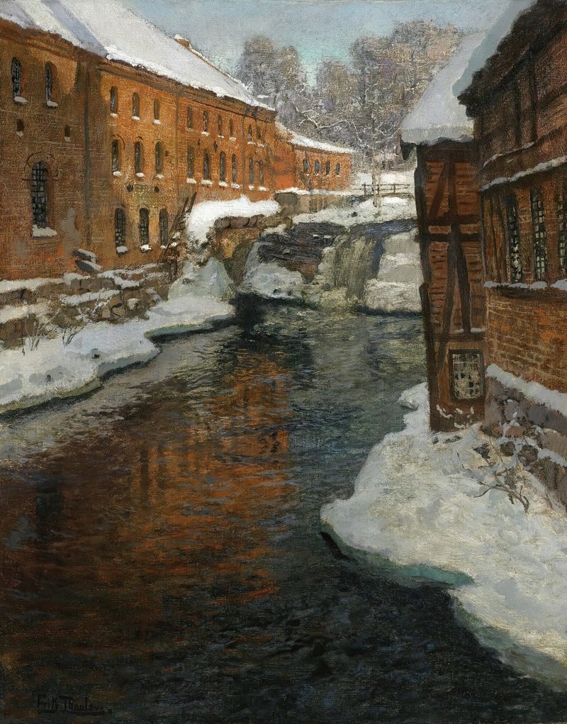 Winter landscape with the Akerselven River, oil on canvas by Frits Thaulow