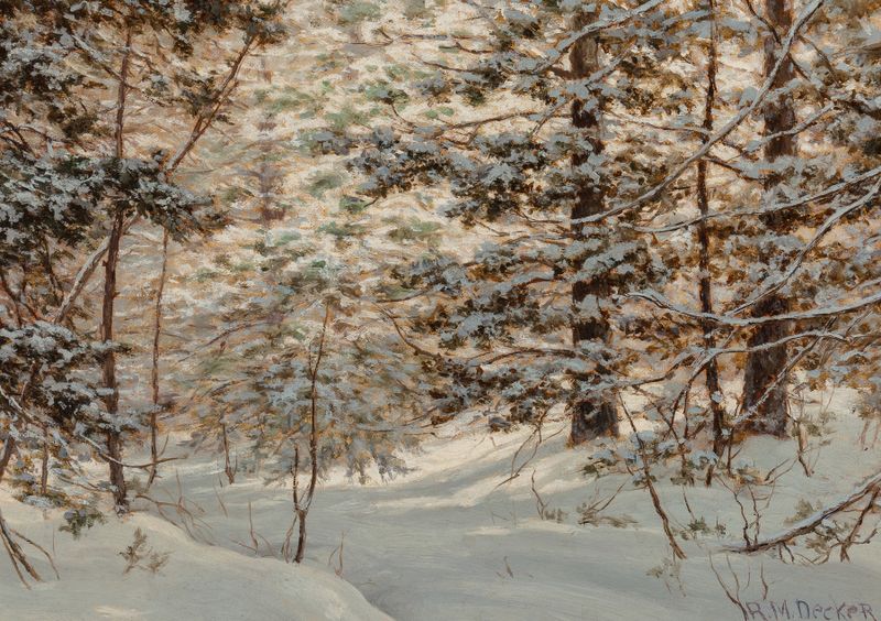 Winter Pine by Robert Melvin Decker, oil on canvas depicting a snow-dusted pine tree.