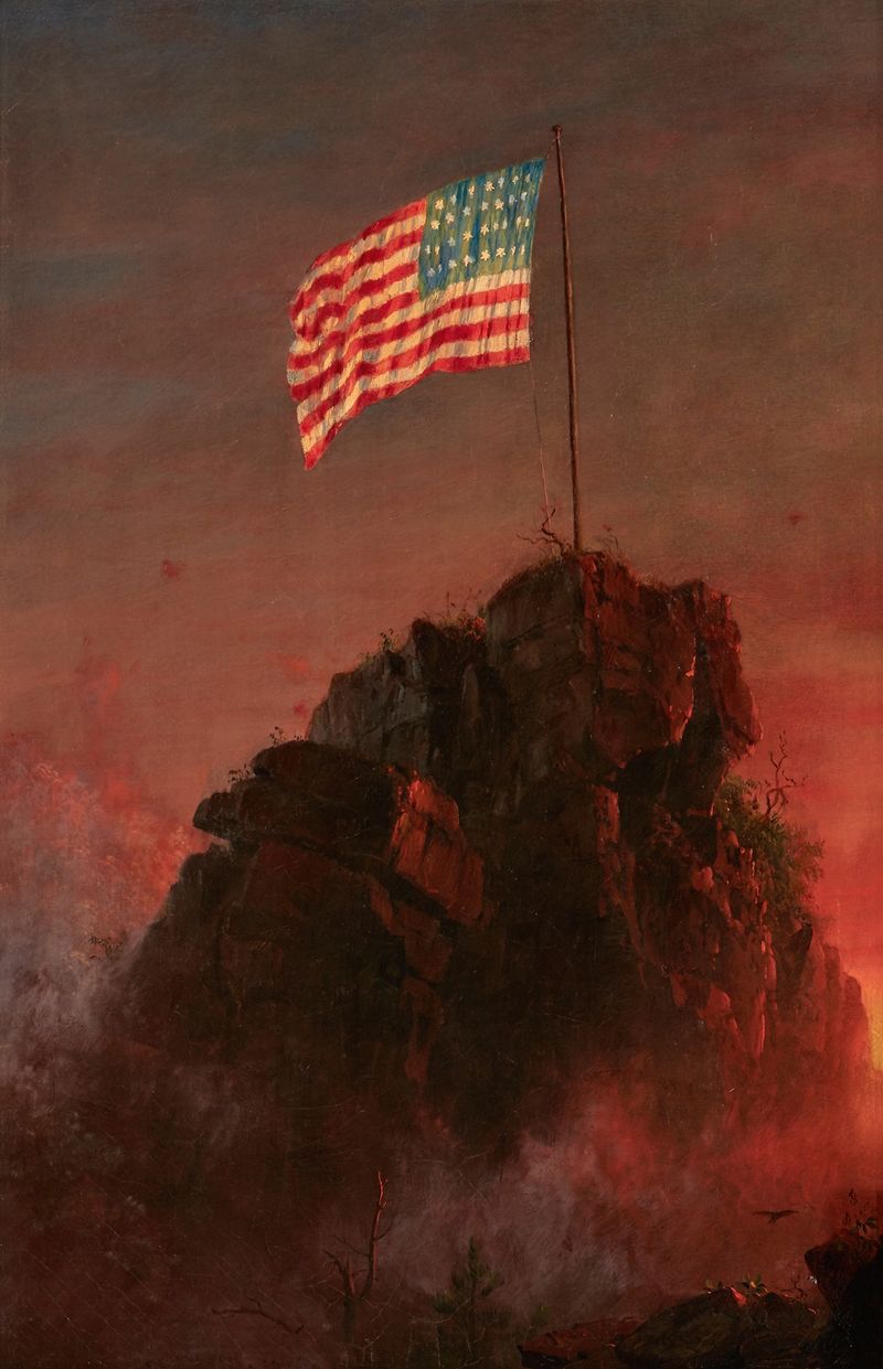 Our Flag óleo de Frederic Edwin Church con una bandera vibrante en un paisaje dramático