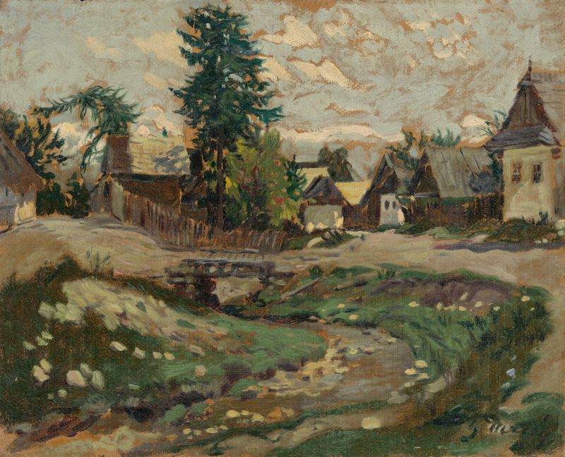 A Village Brook by Gustáv Mallý, oil on canvas depicting a river through lush foliage.