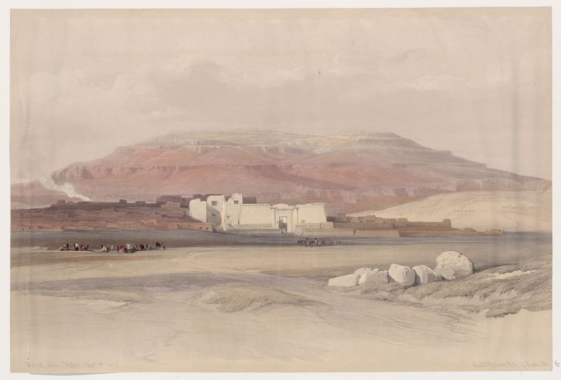 Aquarela de David Roberts retratando Medint Abou, Tebas, com hieróglifos e colunas.