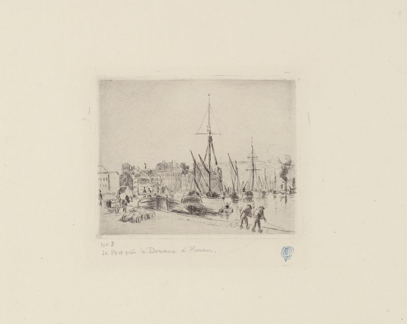 Le port près la douane à Rouen de Camille Pissarro, pintura a óleo que retrata uma cena de porto com barcos e água.