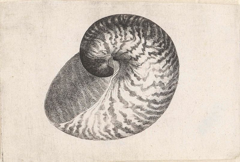 Grabado de Nautilus pompilius de Wenceslaus Hollar, mostrando texturas intrincadas de concha.