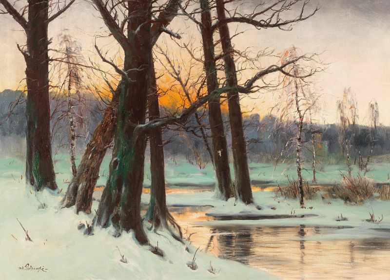 Paisagem de inverno com um riacho coberto de neve de Mieczyslaw Korwin Piotrowski, pintura a óleo