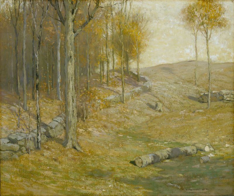 Autumn oil painting by Bruce Crane depicting vibrant foliage and dappled light in a forest.