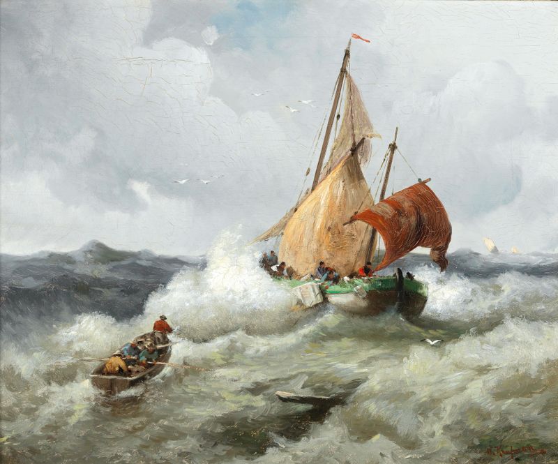 Fishing Boat in a Rough Sea by Adolf Kaufmann, oil painting depicting a boat battling turbulent waves.