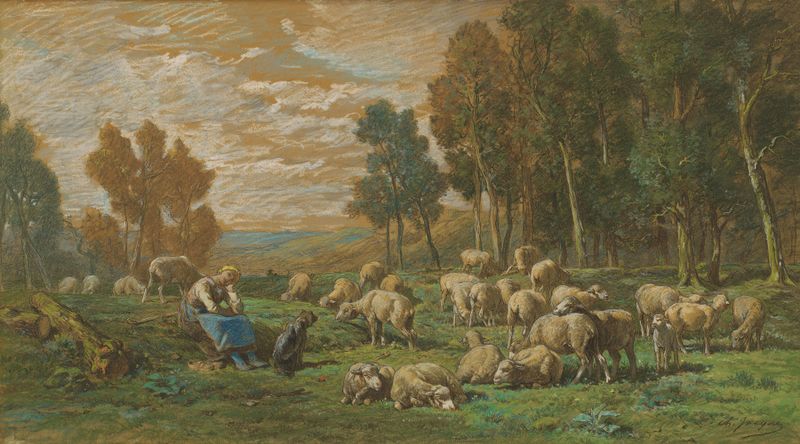 Pintura figurativa a óleo de uma pastora por Charles Emile Jacque
