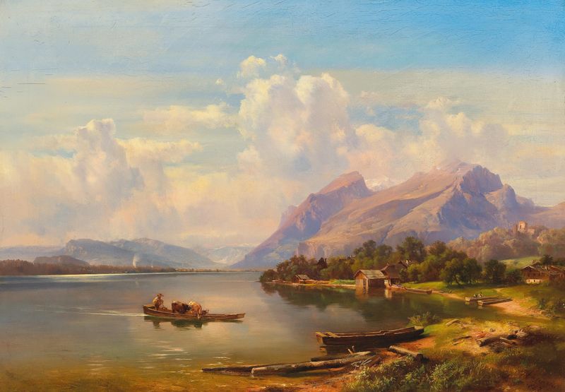 Landscape of Der Millstätter See by Anton Hansch, oil painting depicting calm waters and clouds.