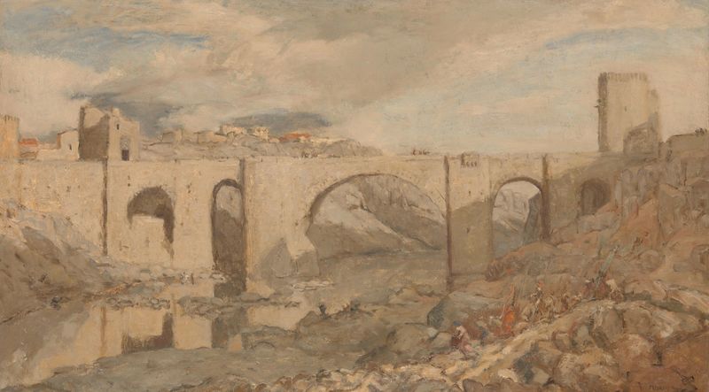 Bridge near Toledo by Marius Bauer, watercolor on paper depicting a bridge over a river