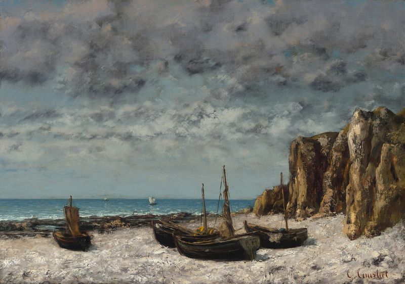 Barcos en una playa en Étretat, óleo sobre lienzo de Gustave Courbet