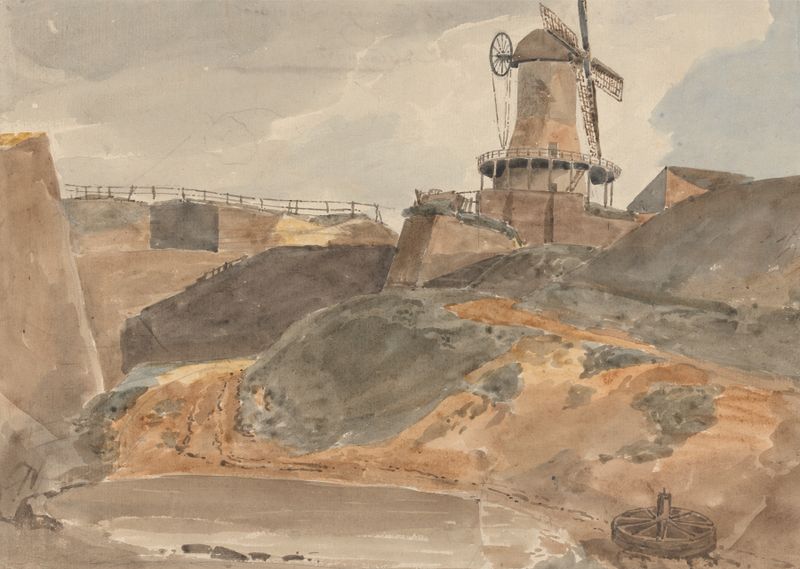 Oil painting by John Samuel Hayward depicting a windmill near a quarry landscape.