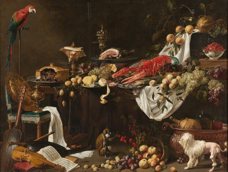 Bodegón al óleo de Adriaen van Utrecht con langosta, frutas y vajilla.