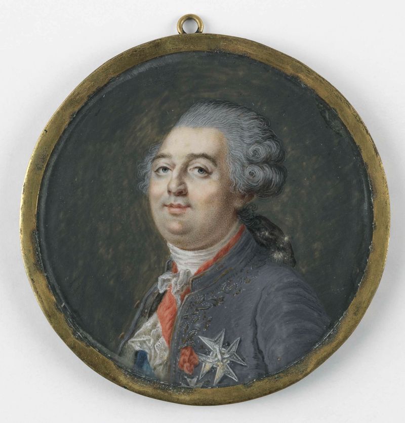 Portrait of Louis XVI by Joseph Boze, ivory medium, dressed in royal attire.