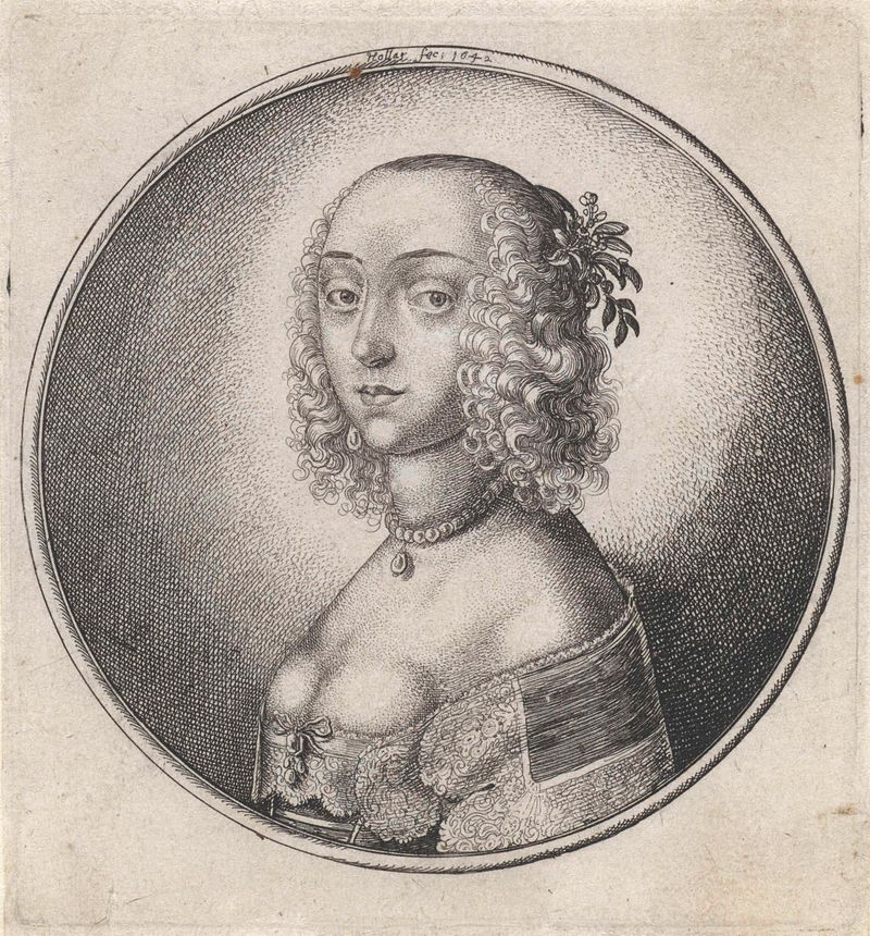 Retrato de una mujer con un collar de perlas y una flor en el cabello, grabado de Wenceslaus Hollar