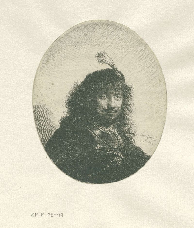 Autorretrato com chapéu pluma, gravura de Rembrandt van Rijn