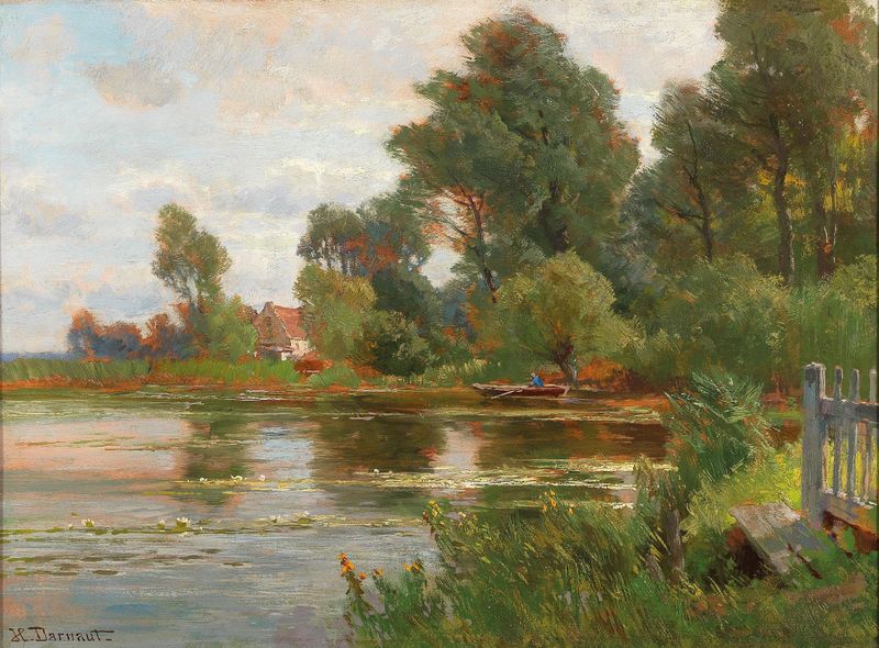 Óleo sobre lienzo de Hugo Darnaut que muestra un tranquilo estanque con reflejos.