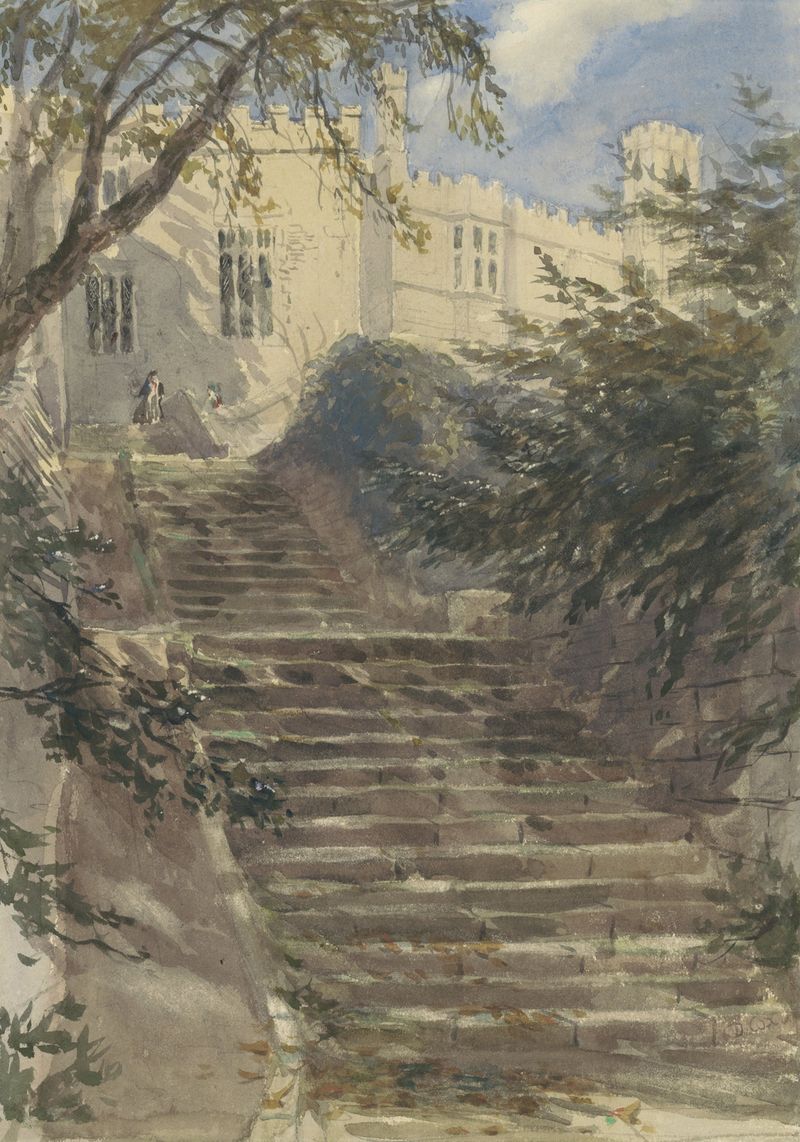 Acuarela de David Cox que muestra una escalera en espiral y jardín