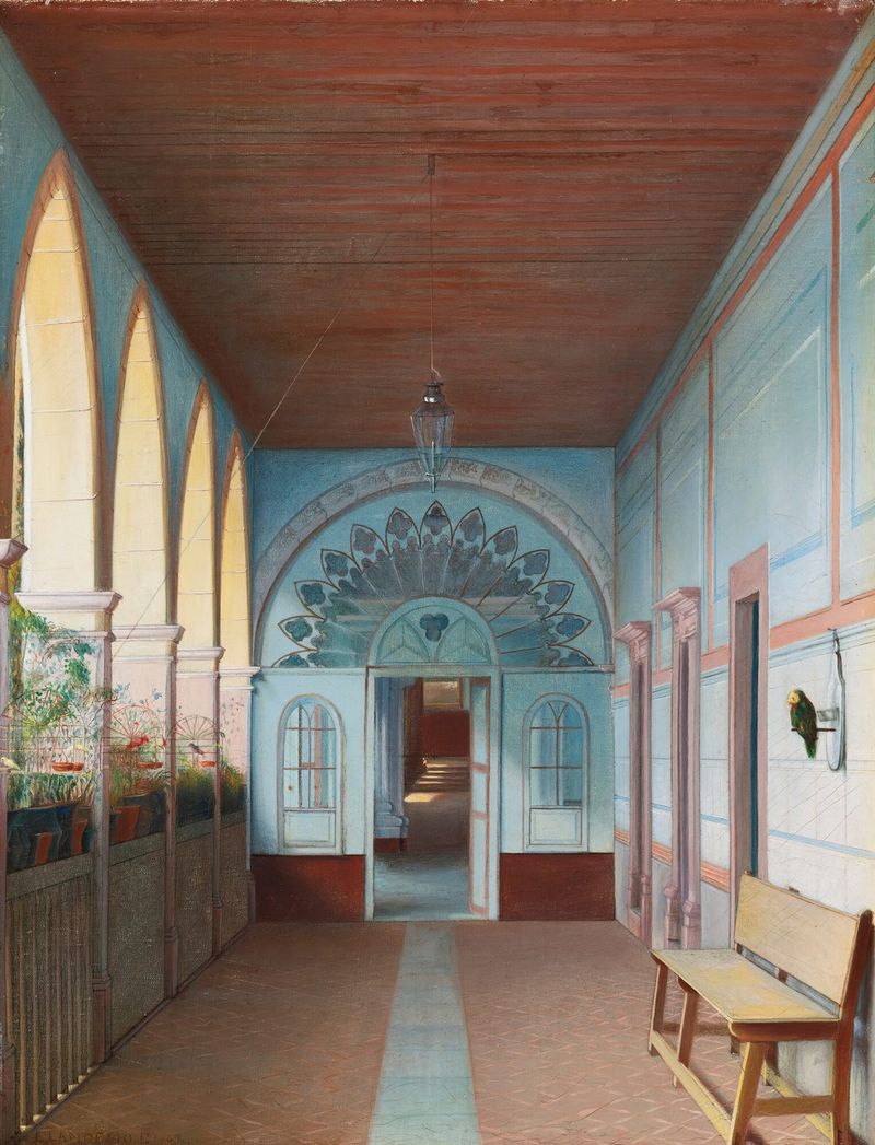 Interior corridor with light and shadows, oil on canvas by Eugenio Landesio