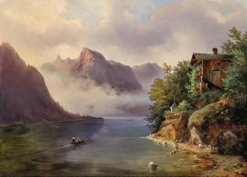 Scene at Lake Hallstatt by Edmund Mahlknecht, oil on canvas depicting a tranquil lake and Alps.