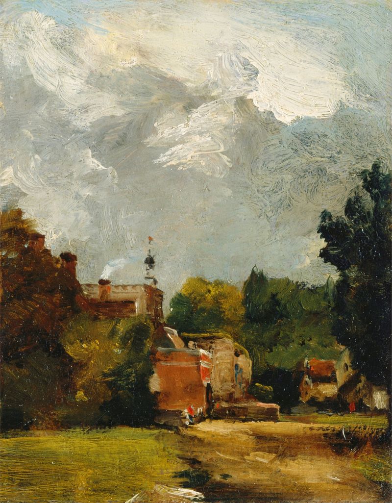 East Bergholt Church de John Constable, óleo de uma igreja cercada por névoa e árvores.