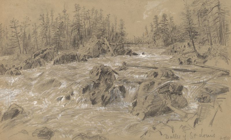 Paisagem com penhascos e rio de Alfred Rudolph Waud, início da década de 1880, realismo