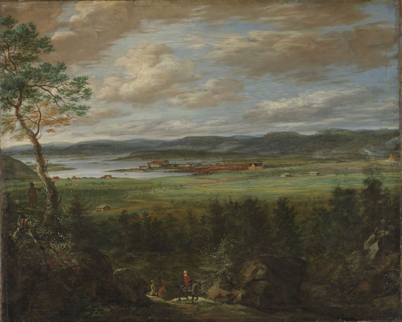 Paisagem de Jacob Coning, pintura a óleo que retrata colinas e um céu cobalto.