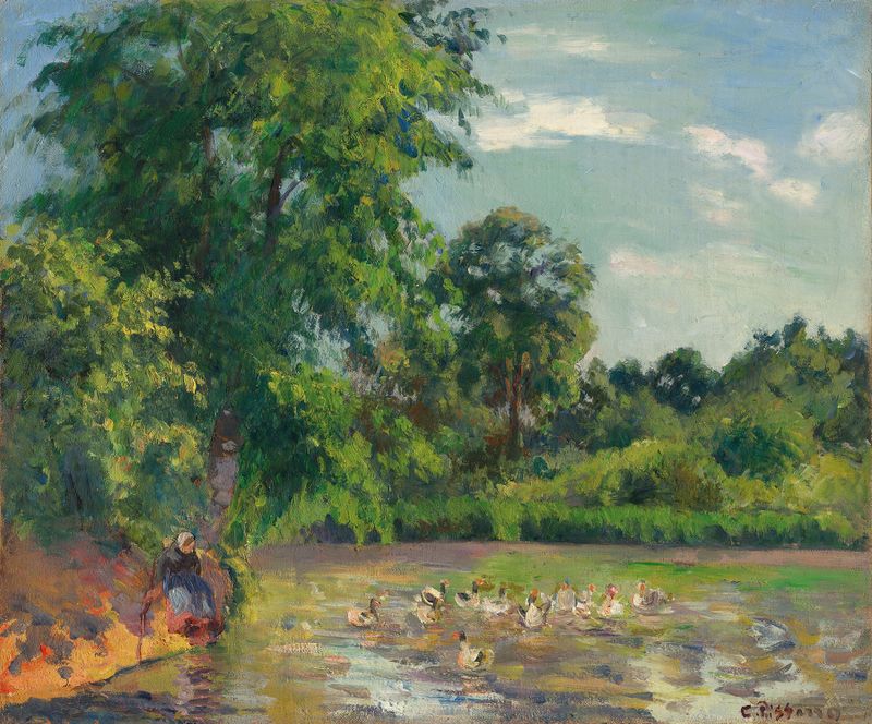 Canards sur l’étang de Montfoucault de Camille Pissarro, pintura a óleo de patos em um lago
