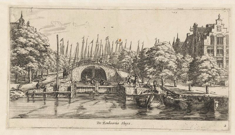 Grabado de Reinier Nooms que representa un puente sobre una vía fluvial tranquila