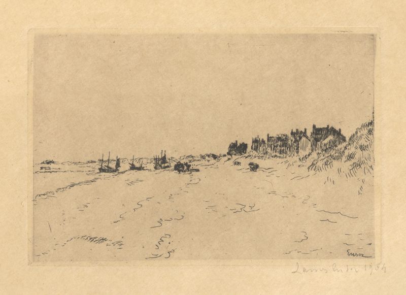 Landscape with figures on a beach at sunset, oil painting by James Ensor