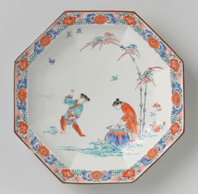 Prato octogonal com Shiba Onko e rosetas florais, Ukiyo-e, artista desconhecido