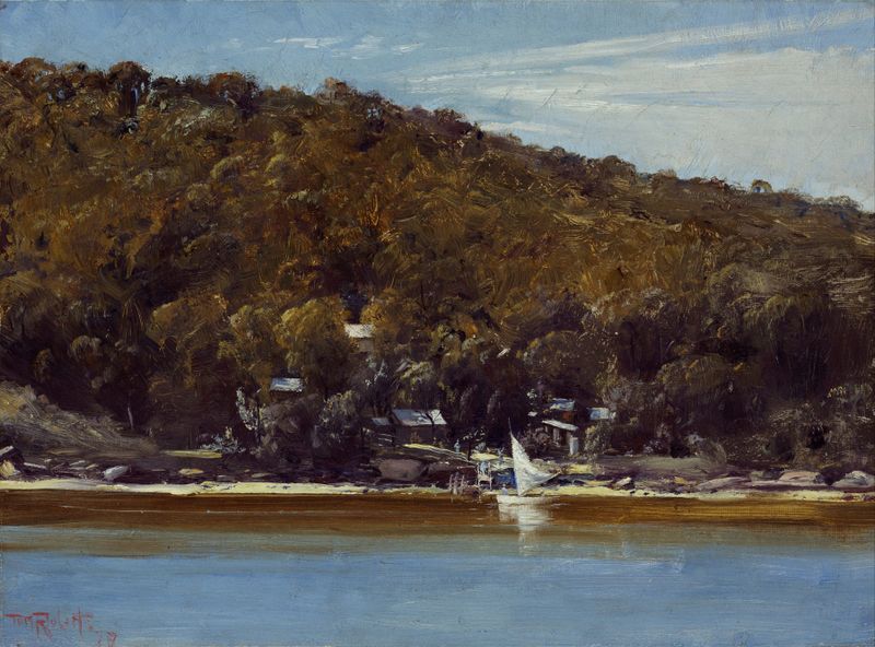 The Camp, Sirius Cove by Tom Roberts, oil painting depicting tents in an Australian landscape.