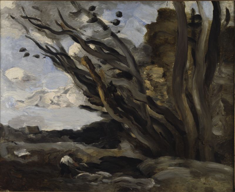 The Blast óleo de Jean-Baptiste-Camille Corot com uma figura em uma paisagem enevoada